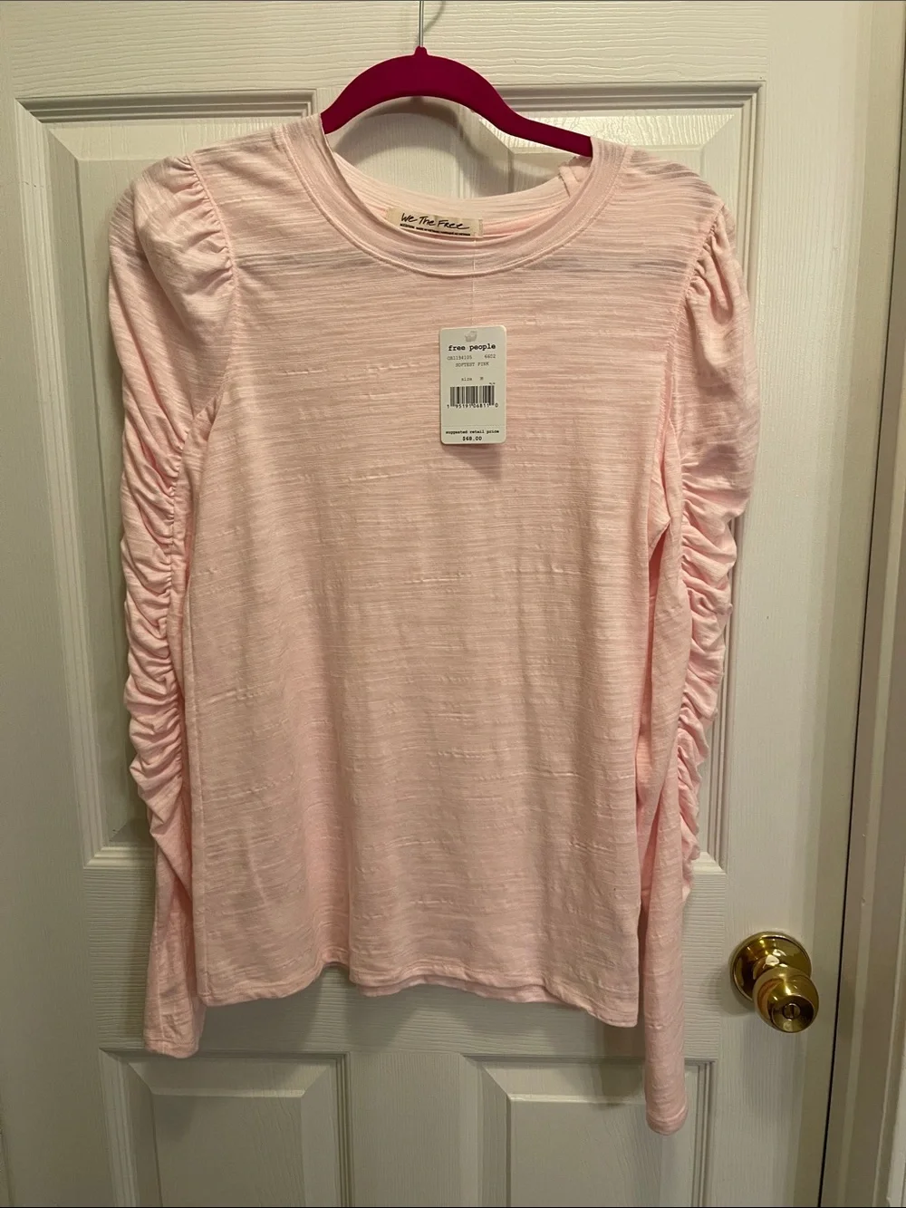 Free People Pale Pink Long Sleeve Ruched Side Tee